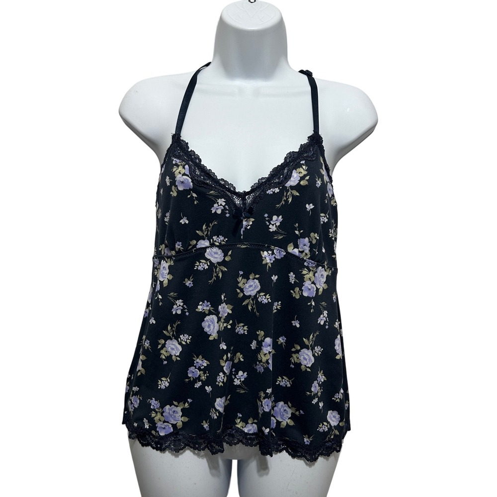 Y2K Laura Ashley Women Cottagecore Coquette Cami Top M Black Floral Lace Trim